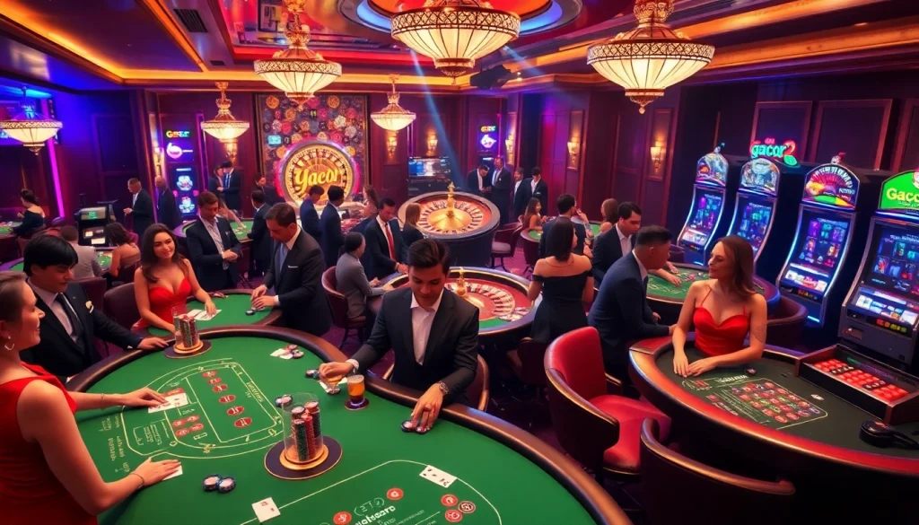 Experience the thrill of gacor123 at an exciting casino with vibrant players around poker tables.
